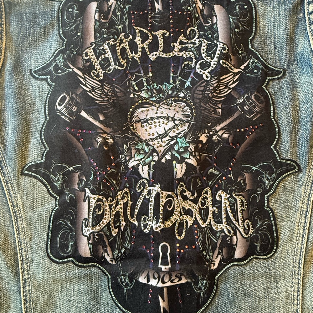 Y2K Harley Davidson Vest Women's 2xl Embellished Graphic Denim Grunge Biker Chic - Picture 7 of 7